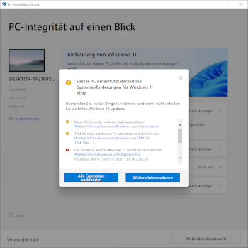 Screenshot der Microsoft Windows PC-Integritätsprüfung auf Lenovo ThinkCenter M910q